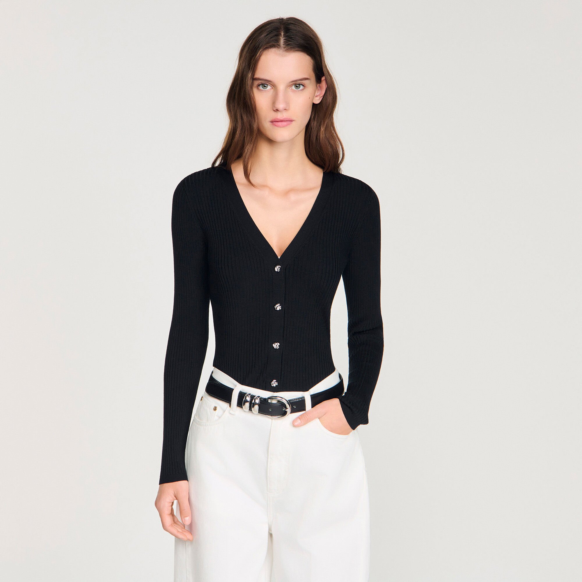 Cardigan côtelé à boutons fantaisie