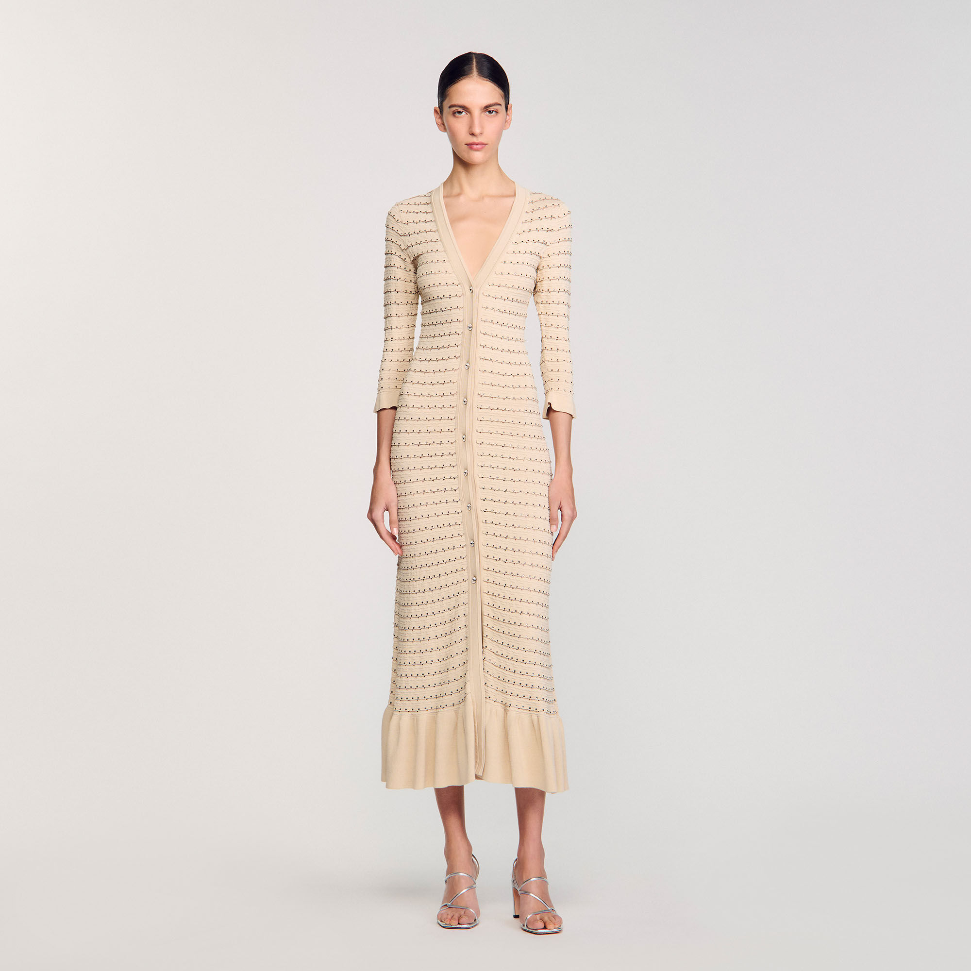 sandro★ROBE LONGUE EN MAILLE A STUDS ワンピース Knit maxi dress with studs black / gray For Women | Sandro Paris