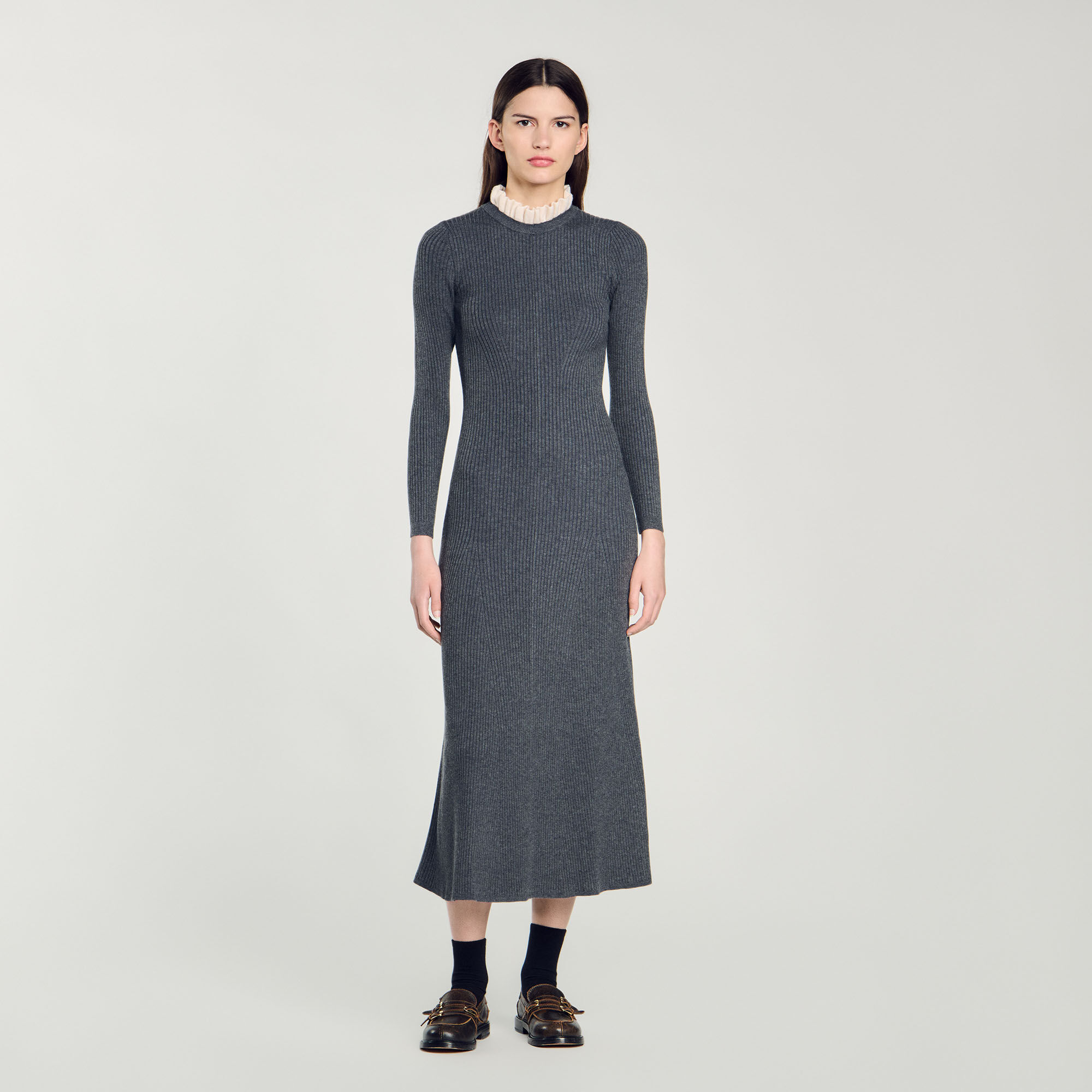 Robe longue en maille Black Gray Women Sandro Paris