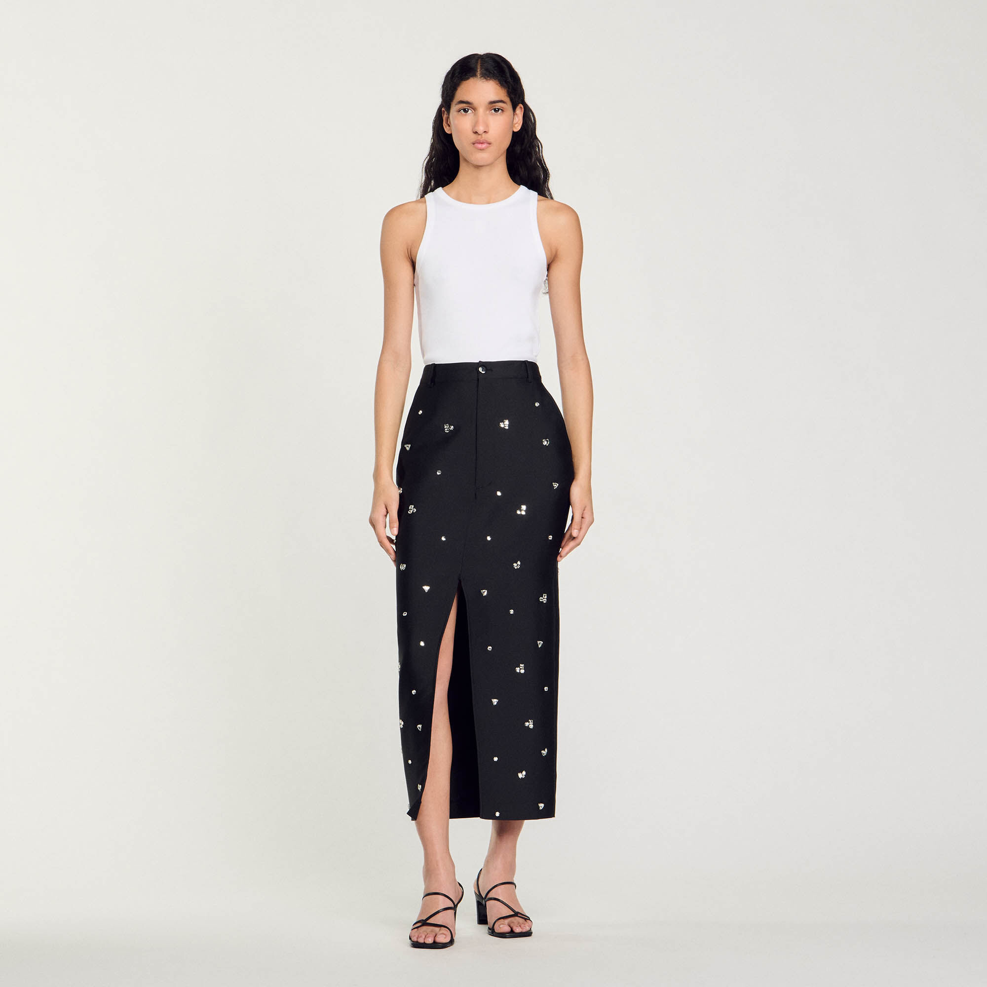 Jupe droite strassee gris noir pour femme Sandro Paris
