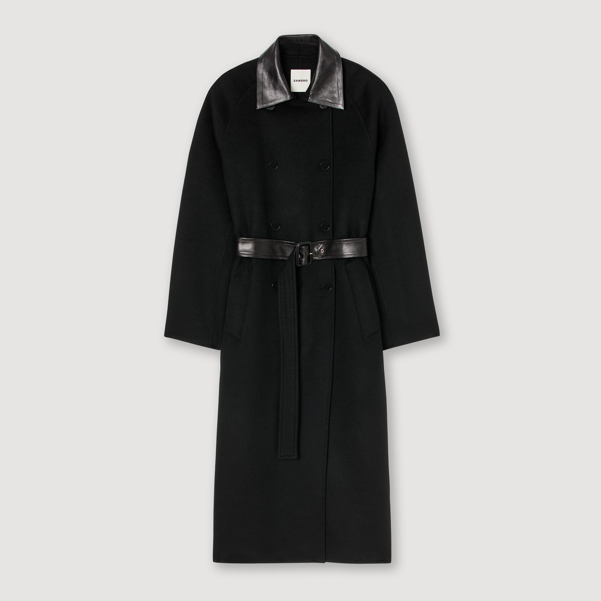 Manteau long en laine et cuir