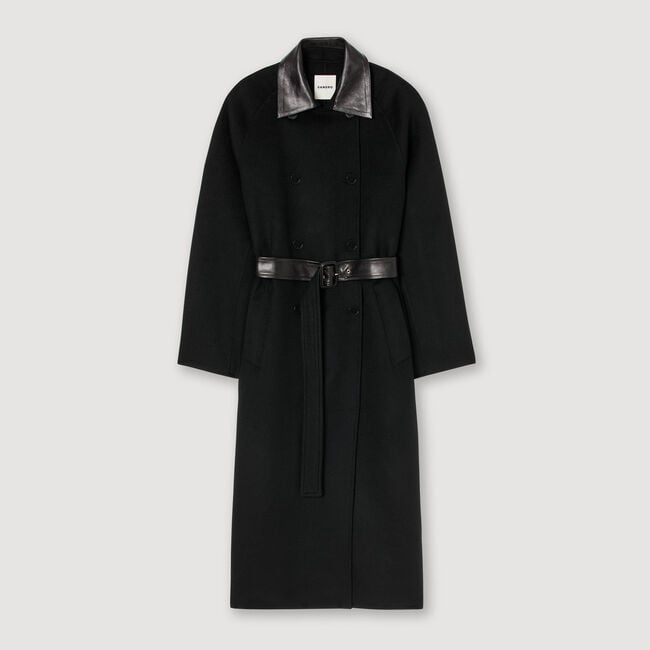 Manteau long en laine et cuir