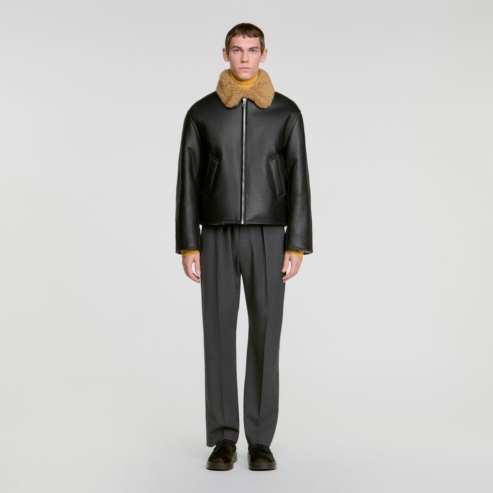 Sandro Blouson en peau lainée – Noir – vue 2