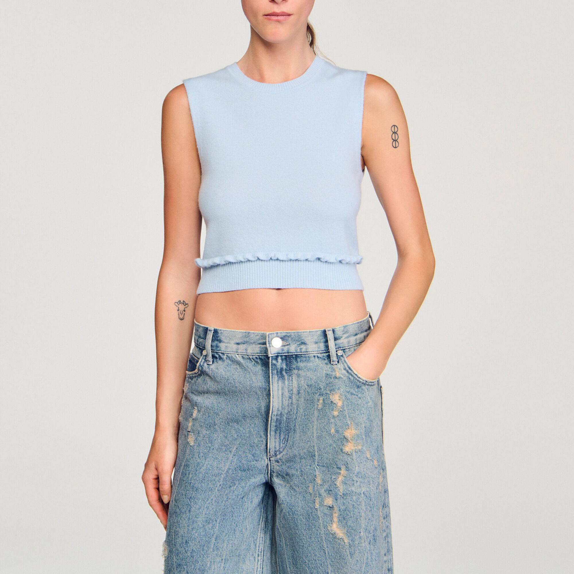 Pull laine cachemire &agrave; volant - Femme | Sandro Paris