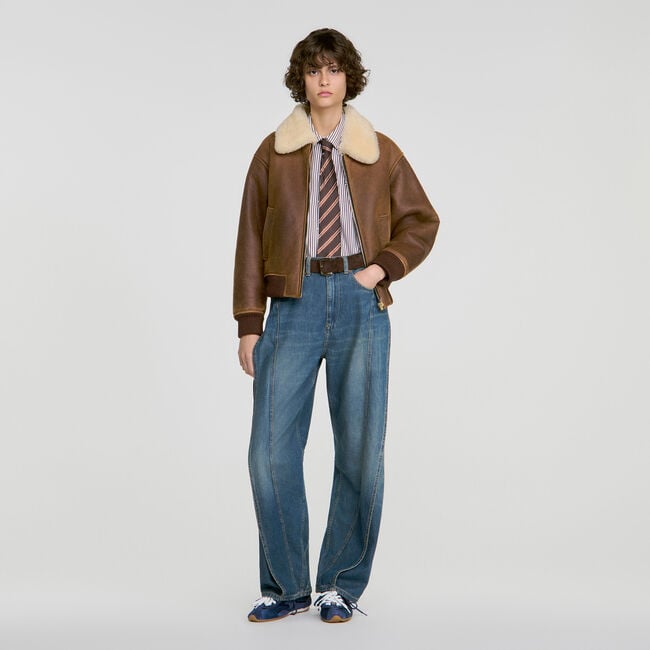 Blouson zipp&eacute; peau lain&eacute;e - Femme | Sandro Paris