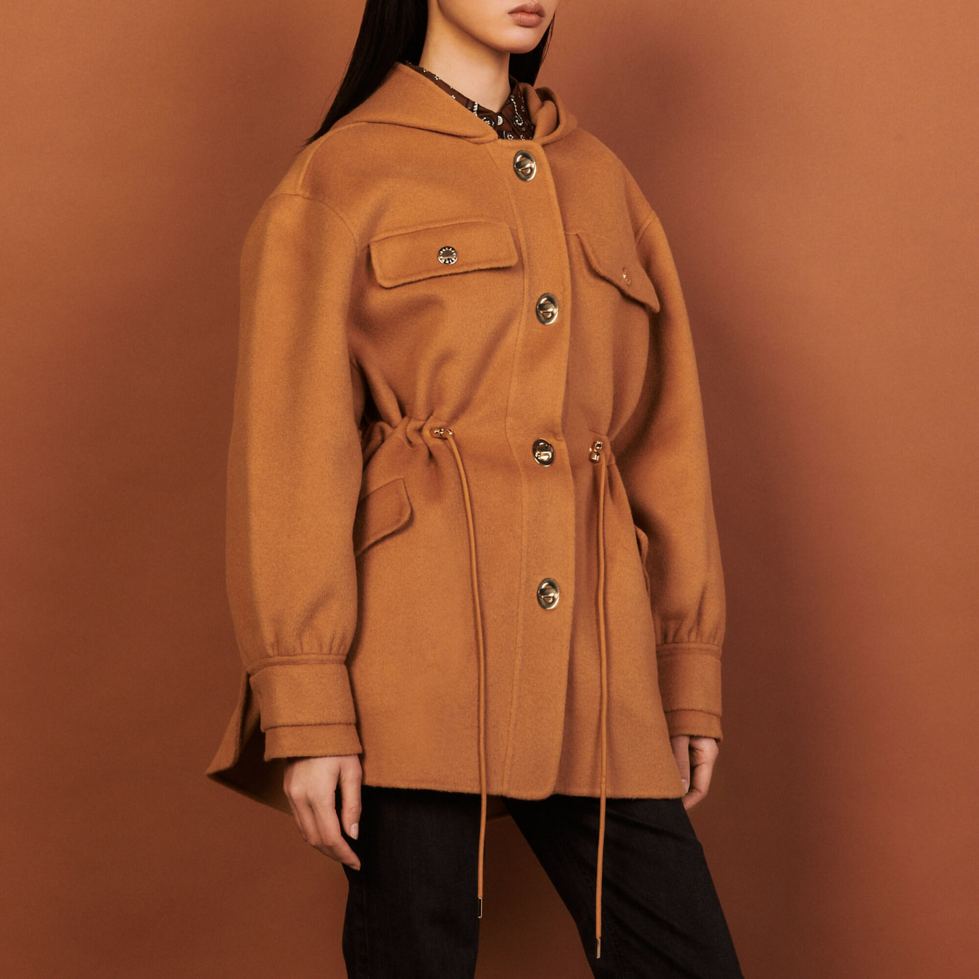Manteau en laine double face capuche SFPOU00375 Camel Toute la