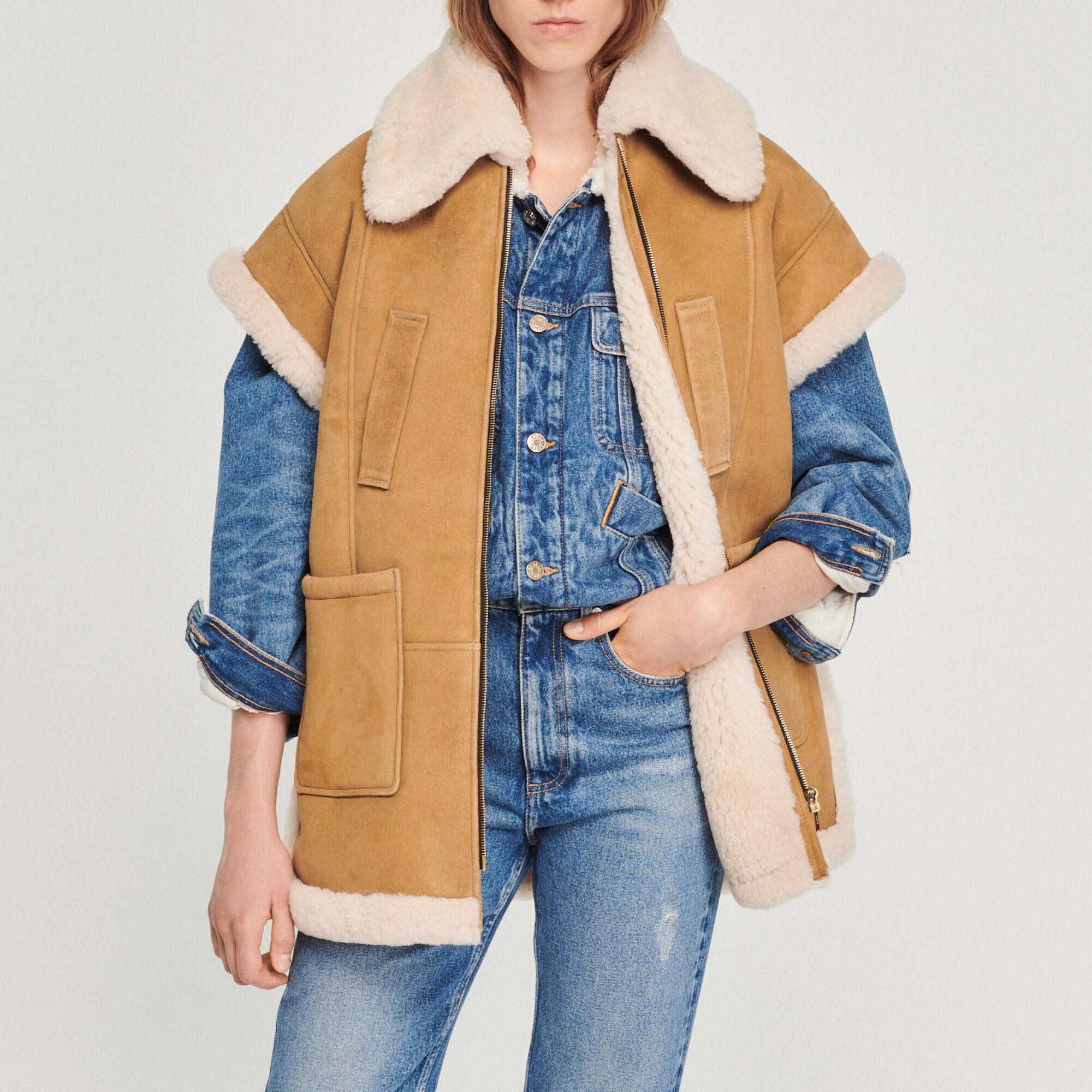Peau lain e sans manches SFPOU00460 Camel Toute la s lection