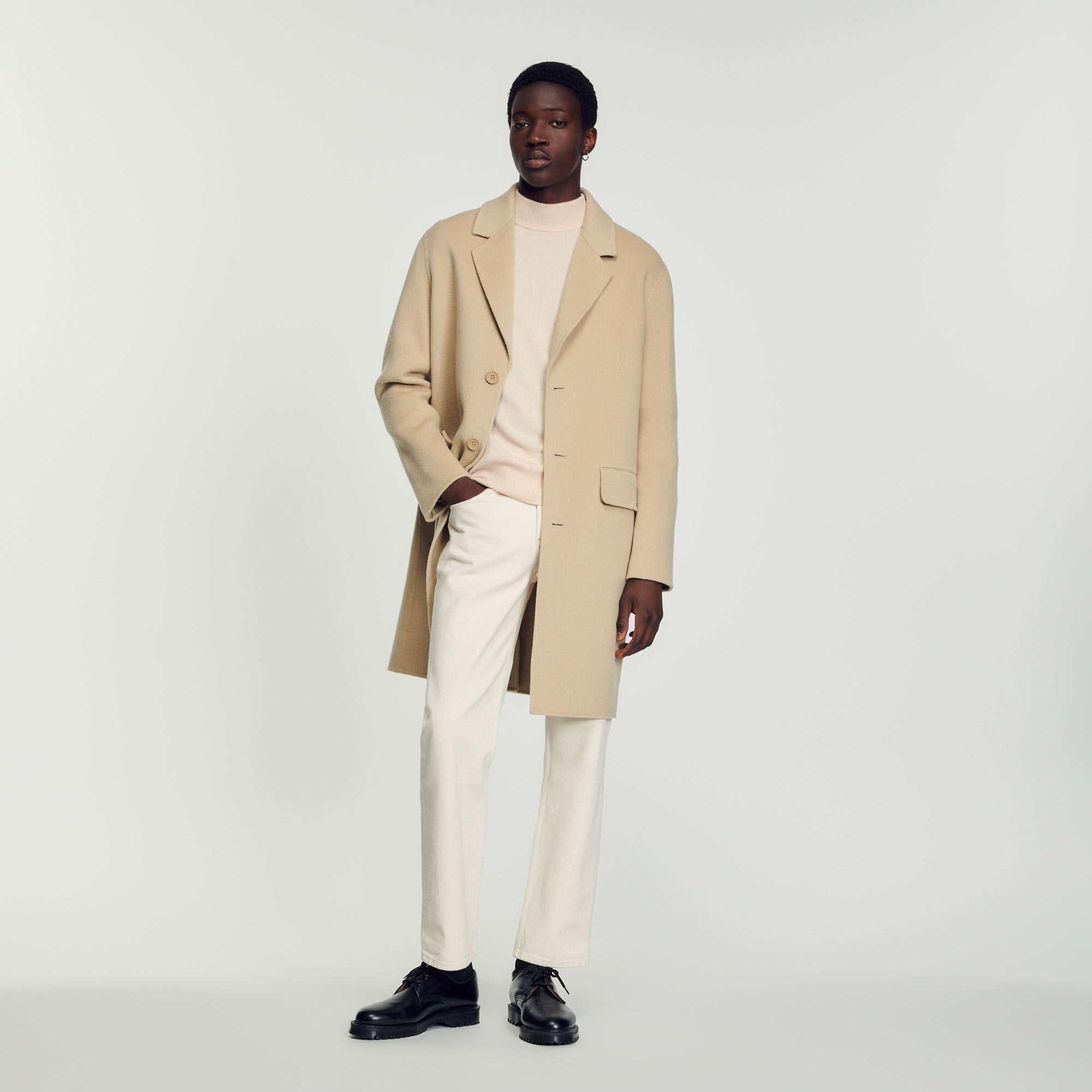 Manteau droit en laine SHPMA00258 Beige Sandro Paris