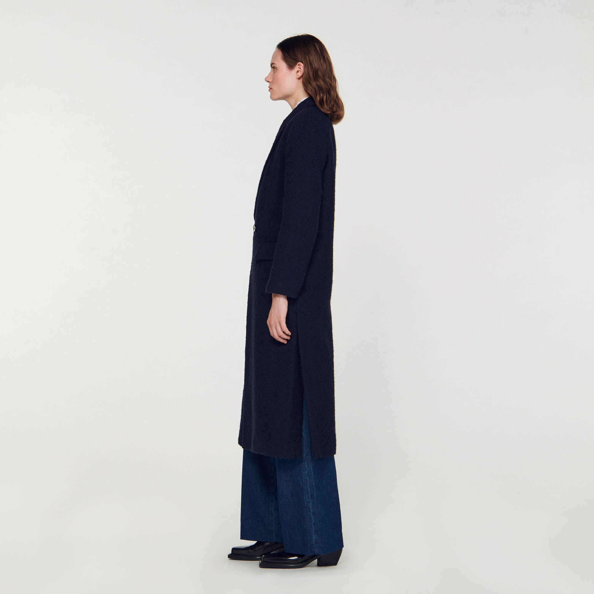 Manteau long top bleu marine femme