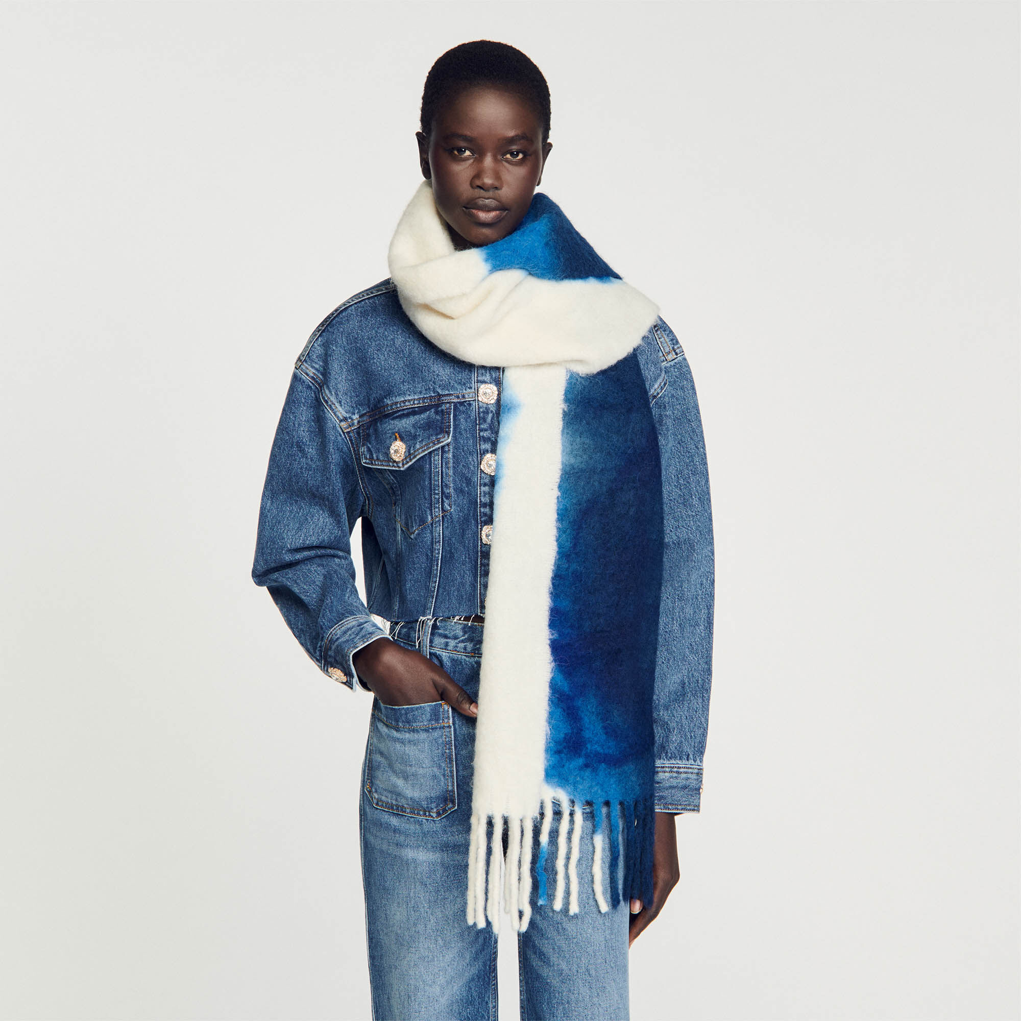 Echarpe franges SFABO00837 Bleu Foulards charpes Sandro Paris