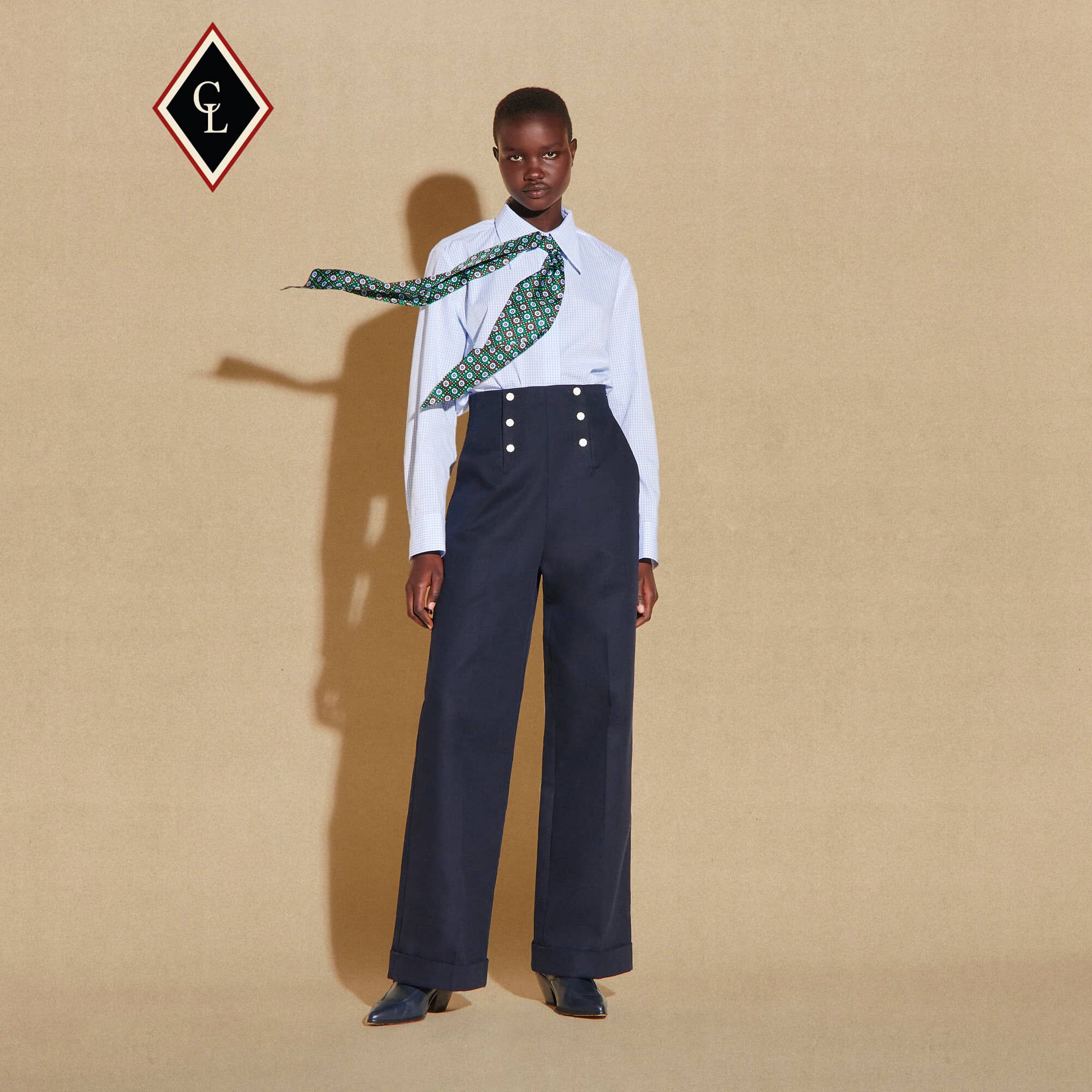 Pantalon large en coton taille haute SFPPA00691 Marine ...