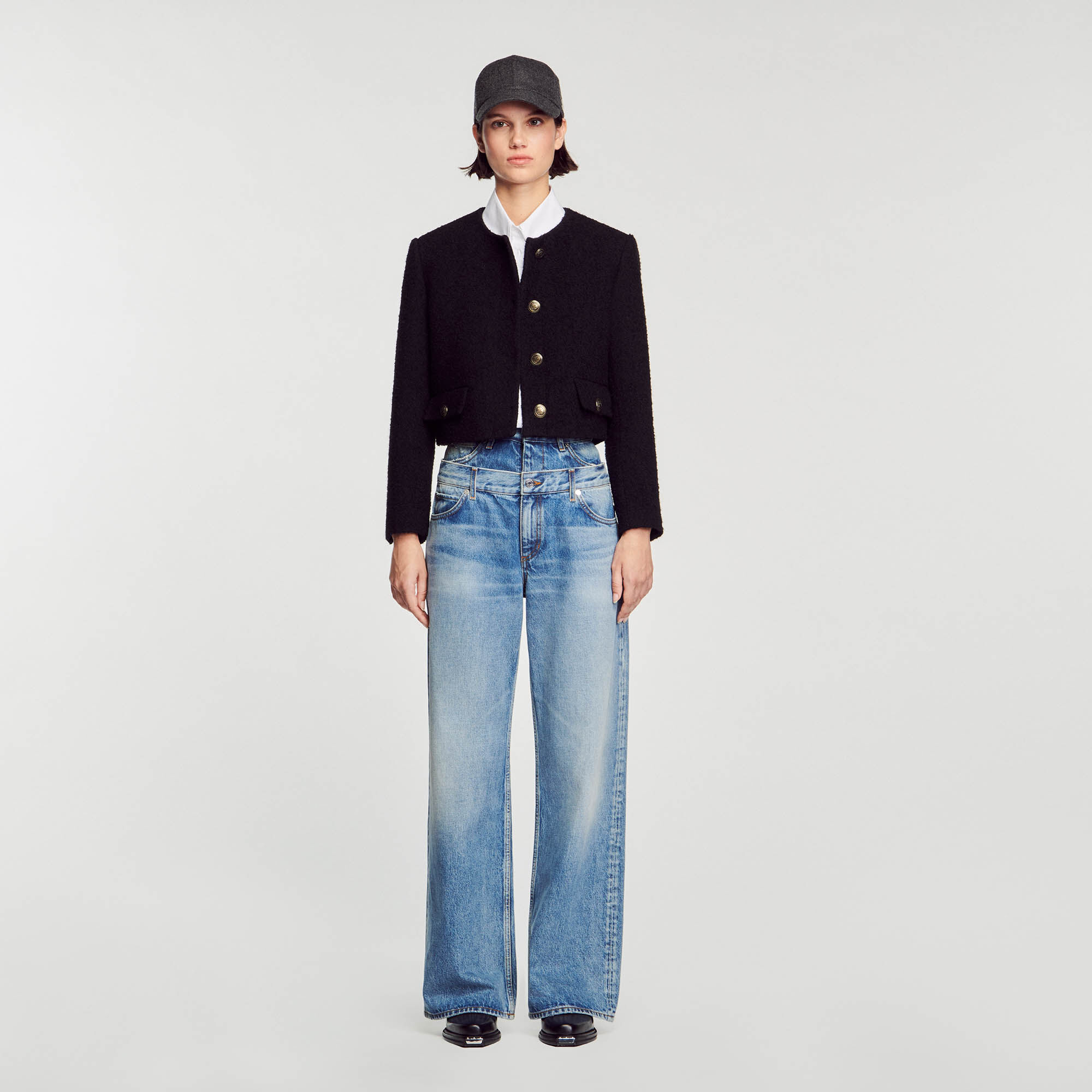 Veste en jean courte noir femme clearance