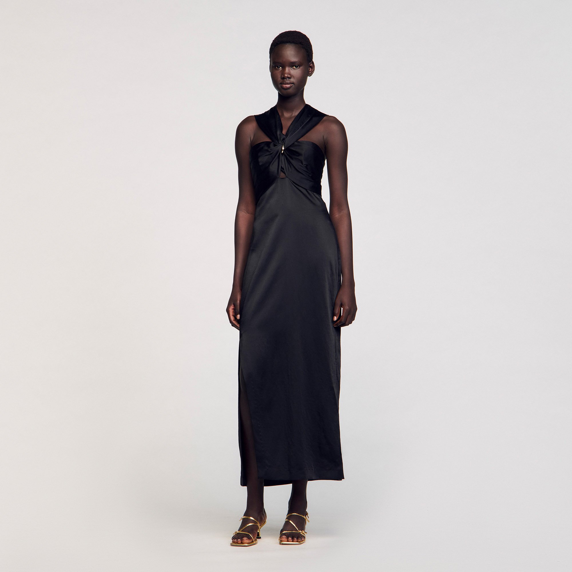 Robe longue satinée fendue - Sandro Paris - Modalova
