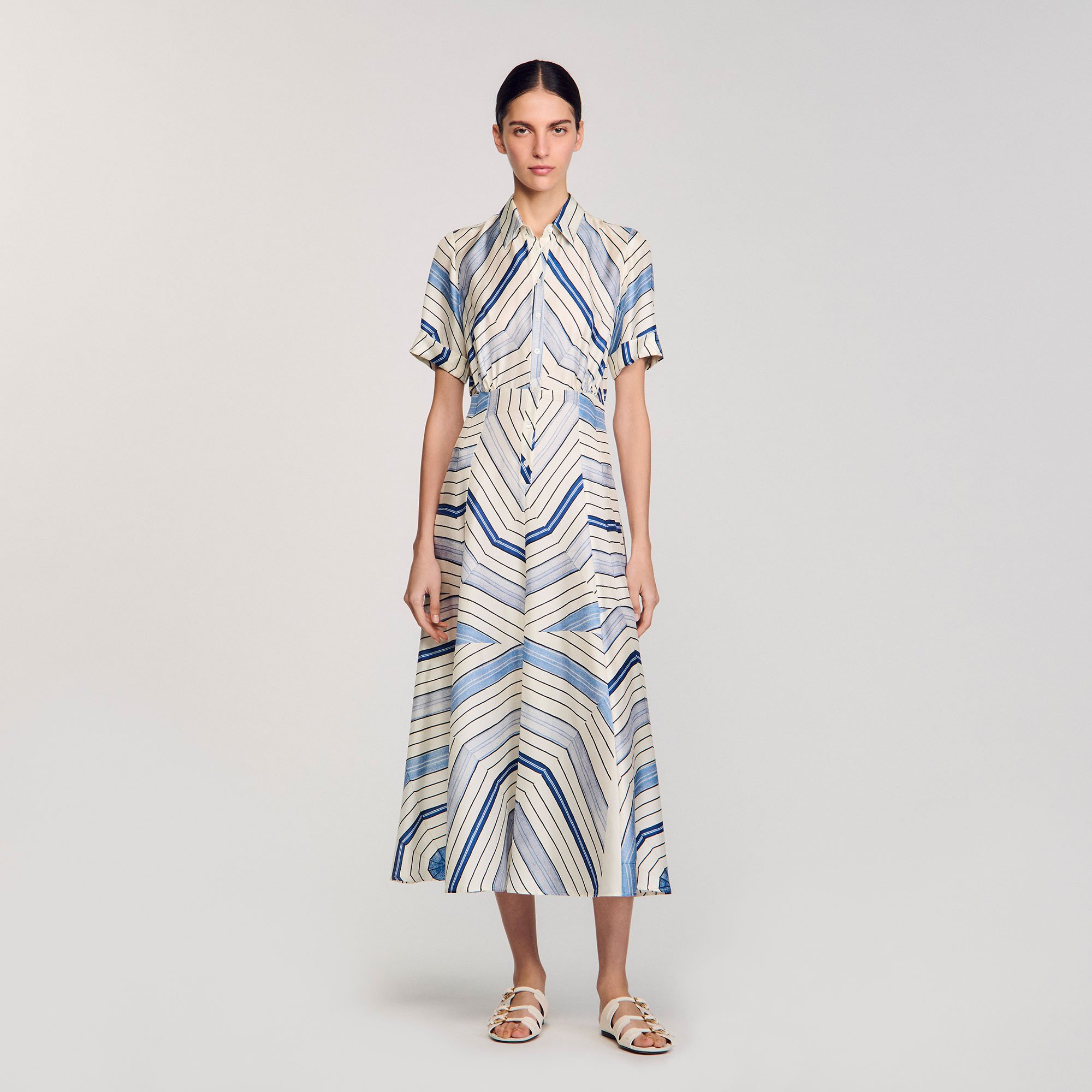 Robe midi en soie imprimé spirales - Sandro Paris - Modalova