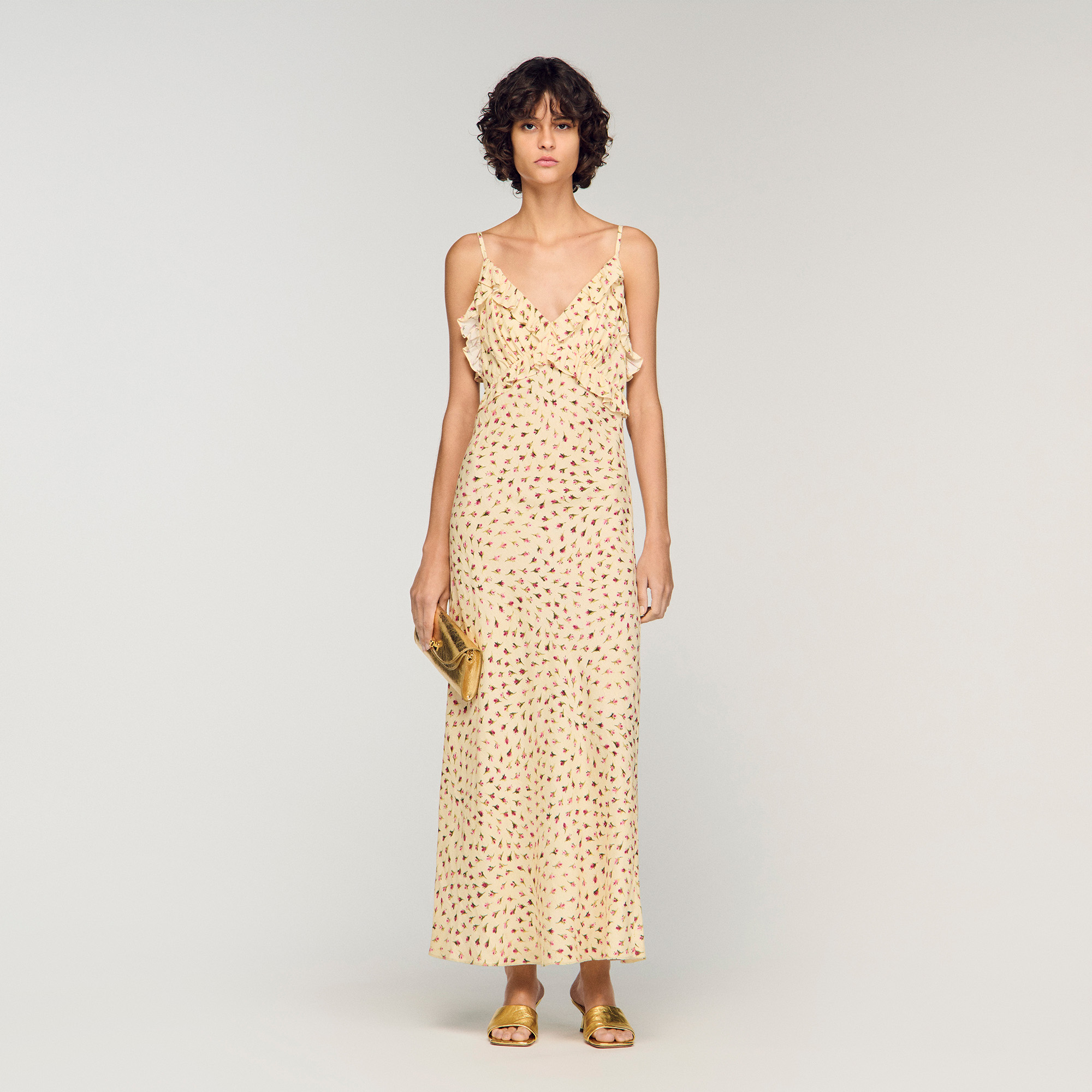 Robe longue imprimé fleur jaune / orange pour femme | Sandro Paris