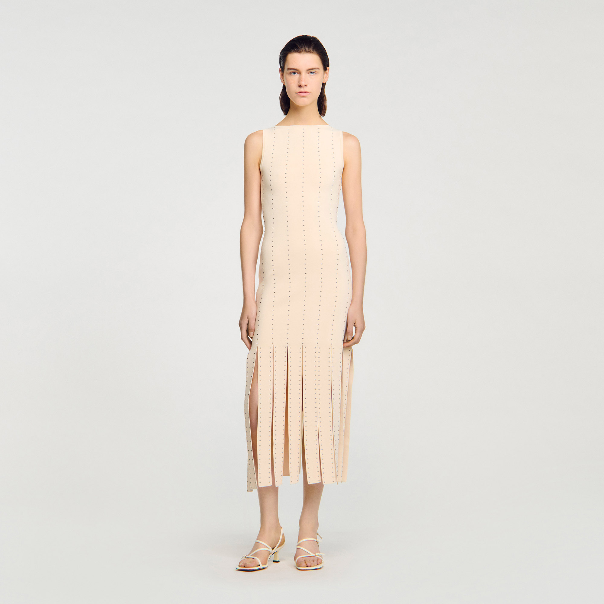 Robe longue en maille à franges - Sandro Paris - Modalova
