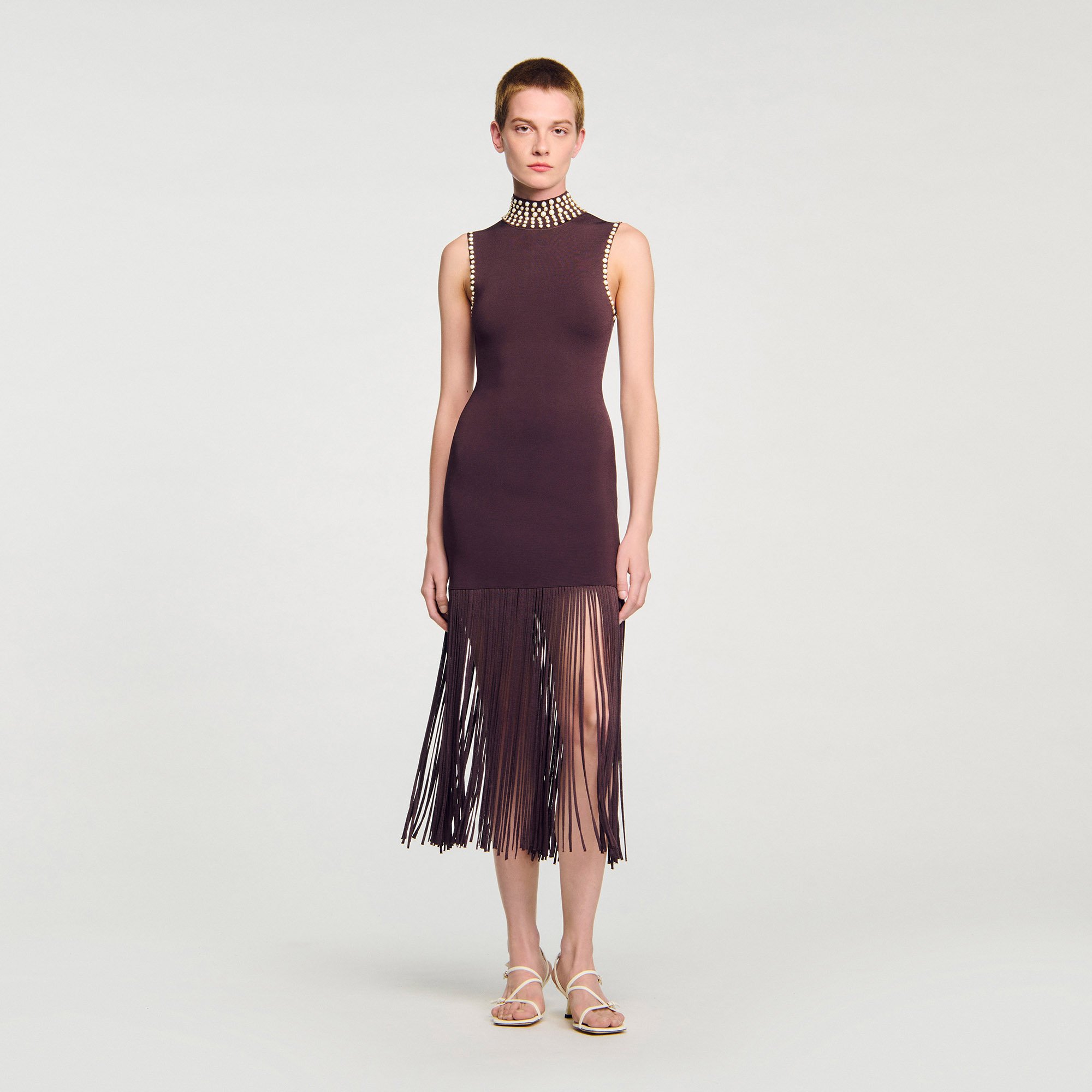 Robe longue en maille frangée - Sandro Paris - Modalova