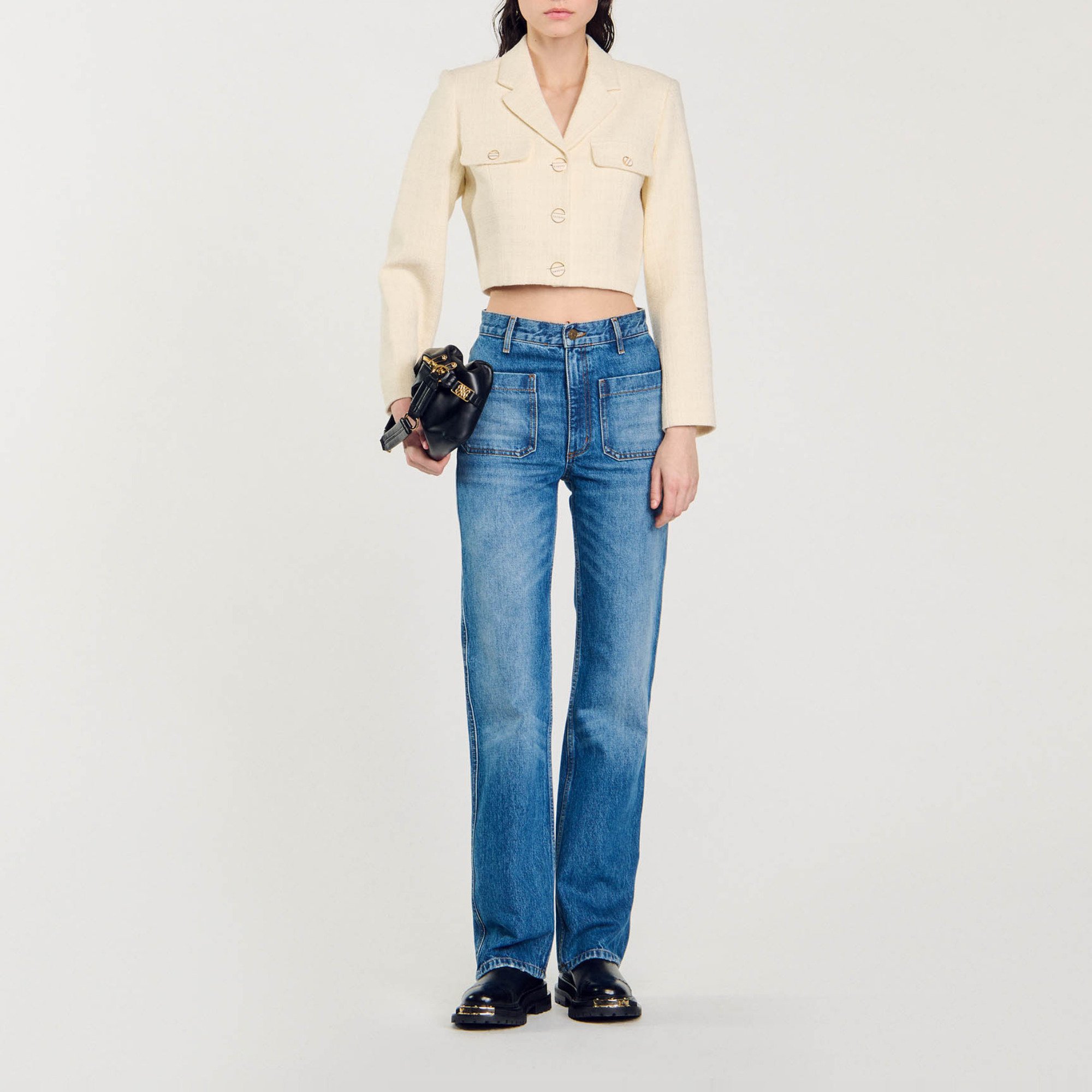 Veste courte boutonnée en tweed beige pour femme | Sandro Paris