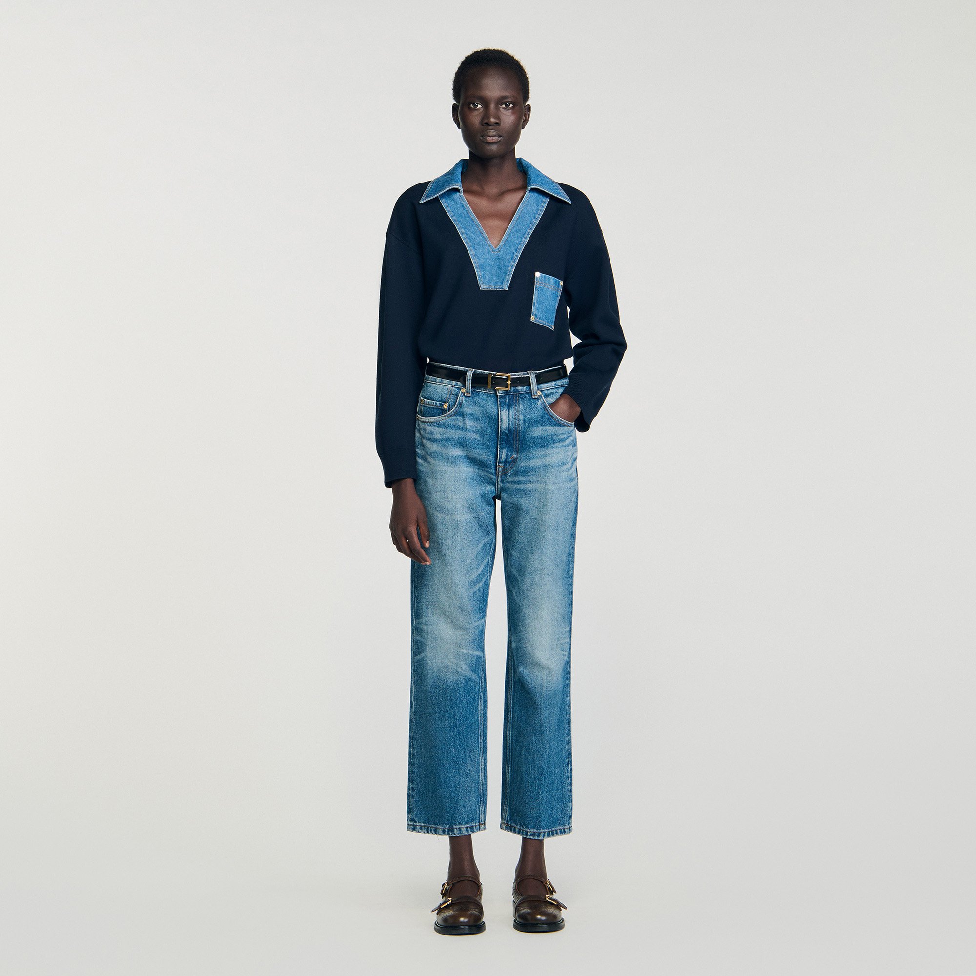 Pull à détails denim - Sandro Paris - Modalova